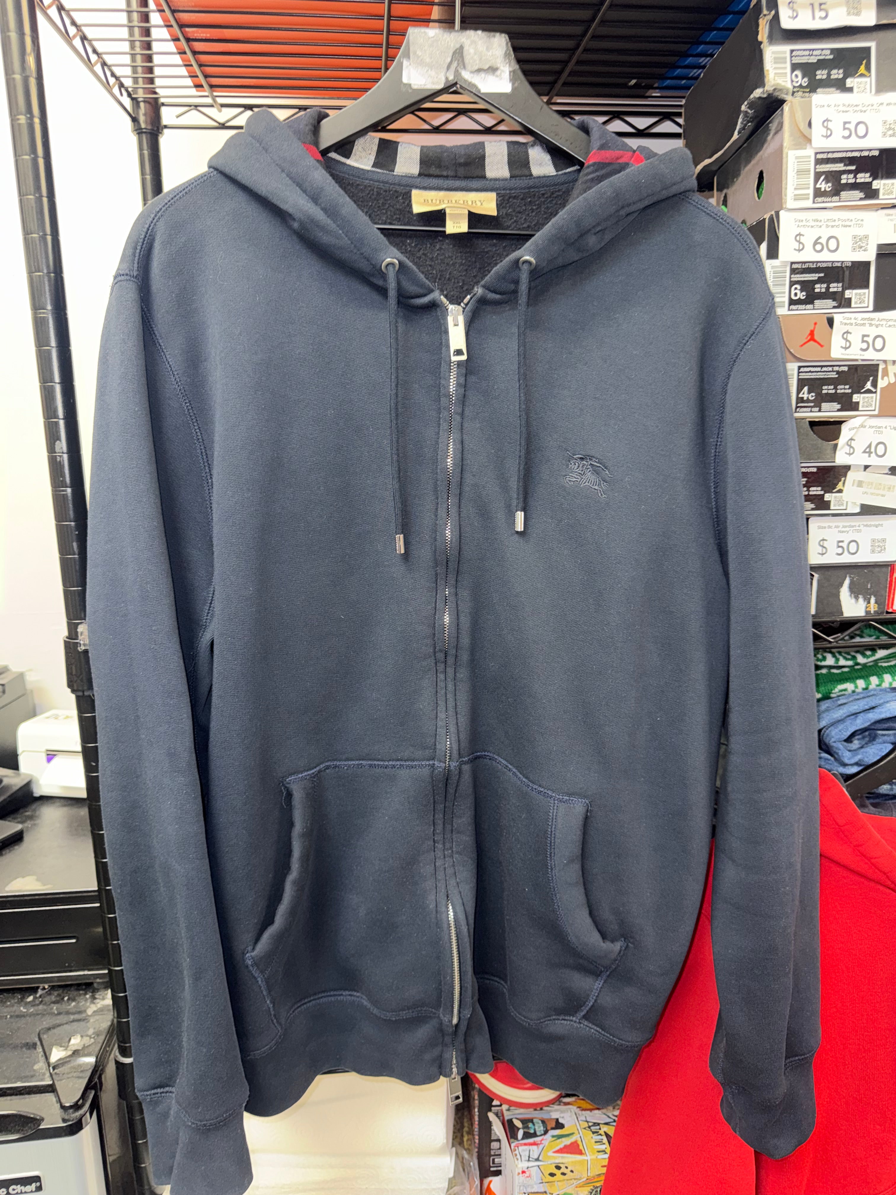 Size XXL (Fits XL) Burberry Equestrian Motif Zip Up Hoodie “Navy”