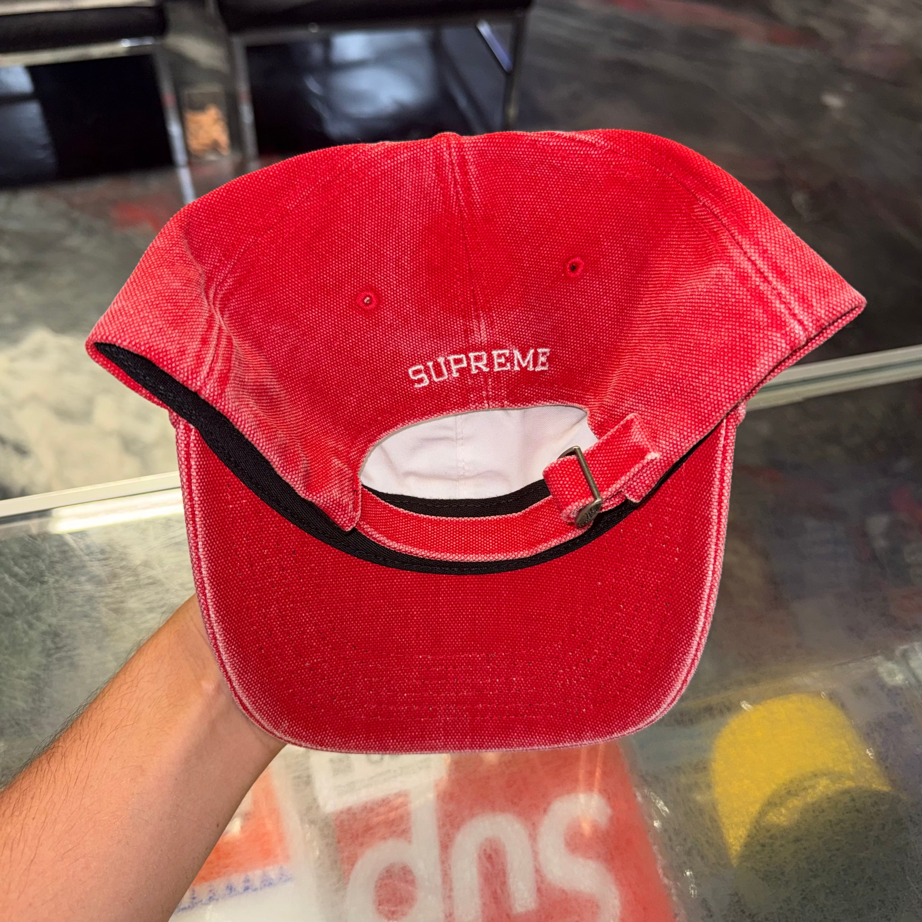 Size OS Supreme S Logo Dyed 6-Panel Hat “Red” Worn 1x