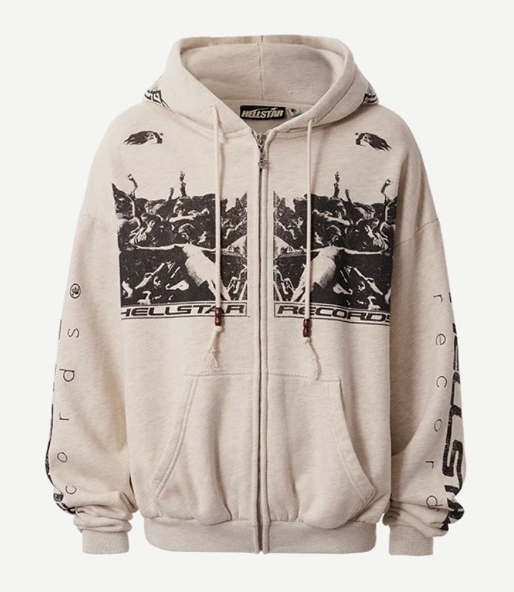Size S (Fits M) Hellstar Moshpit Zip UpHoodie “Cream/Black” Brand New