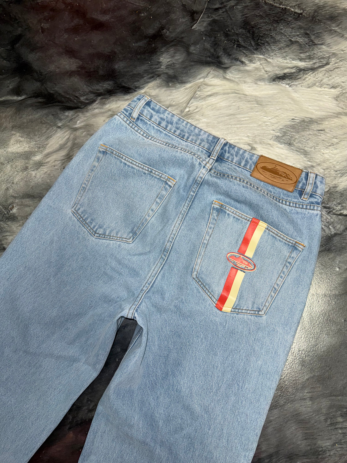 Size 32x34 Corteiz Striped Pocket Jeans “Blue”