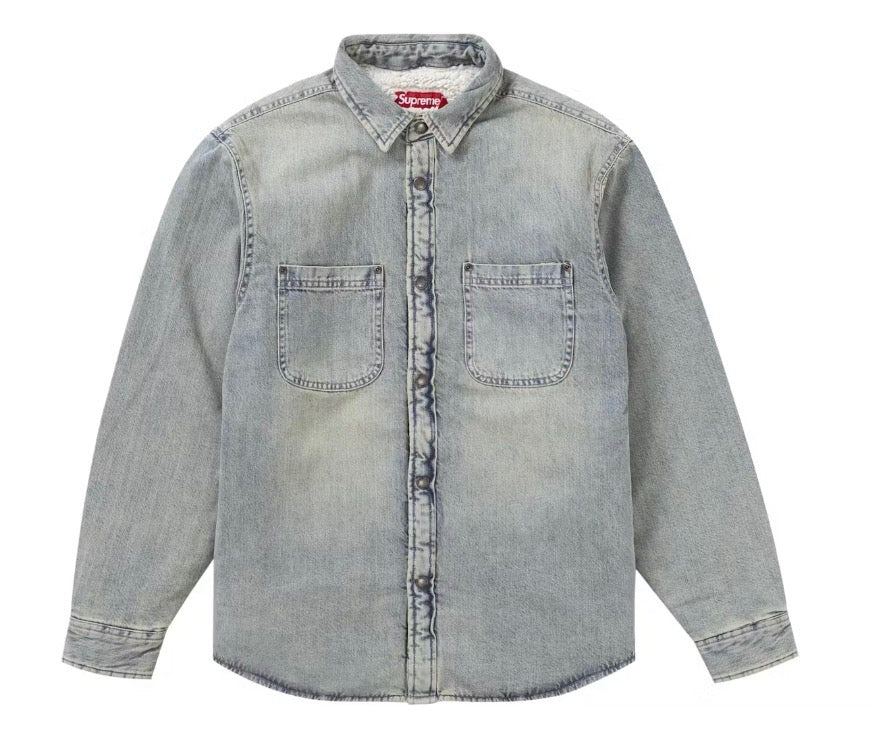 Size XL Supreme Faux Shearling Lined Work Shirt “Washed Denim” Brand New