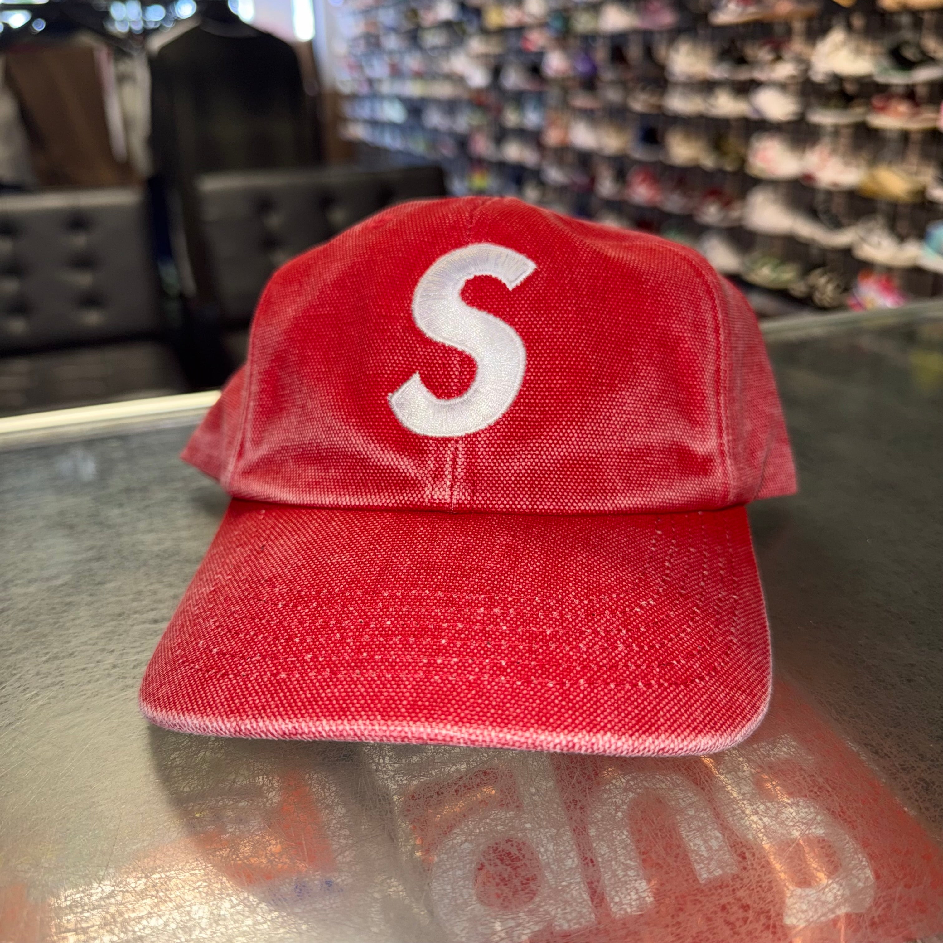 Size OS Supreme S Logo Dyed 6-Panel Hat “Red” Worn 1x