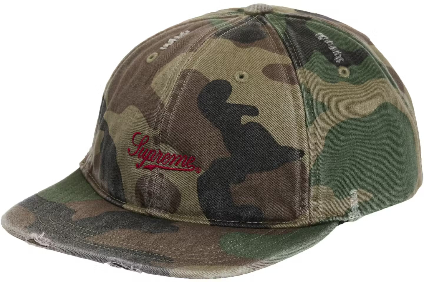 Size OS Supreme Distressed Script 6 Panel Hat “Camo”