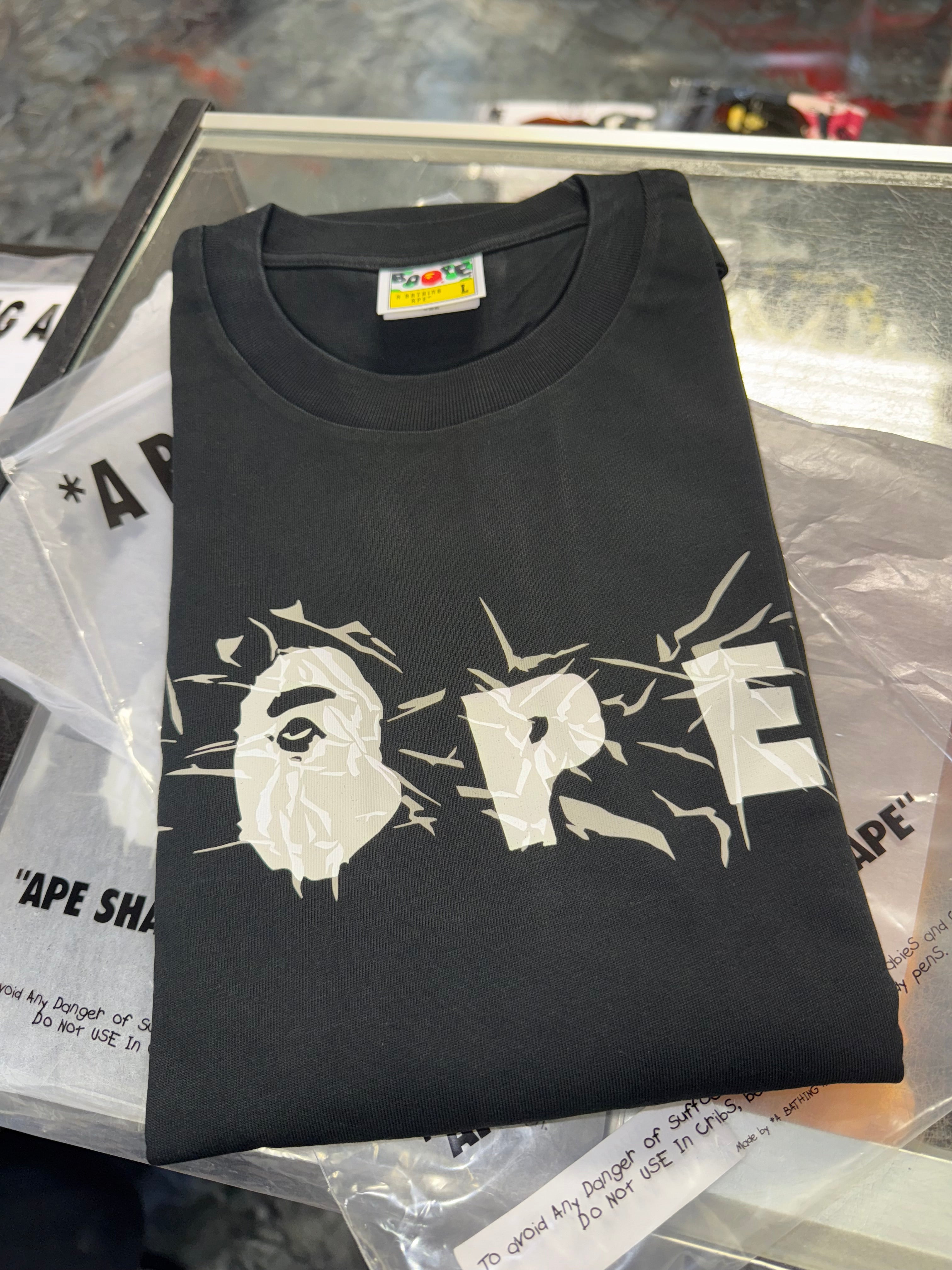 Size L Bape Wrinkle Logo Tee "Black" Brand New