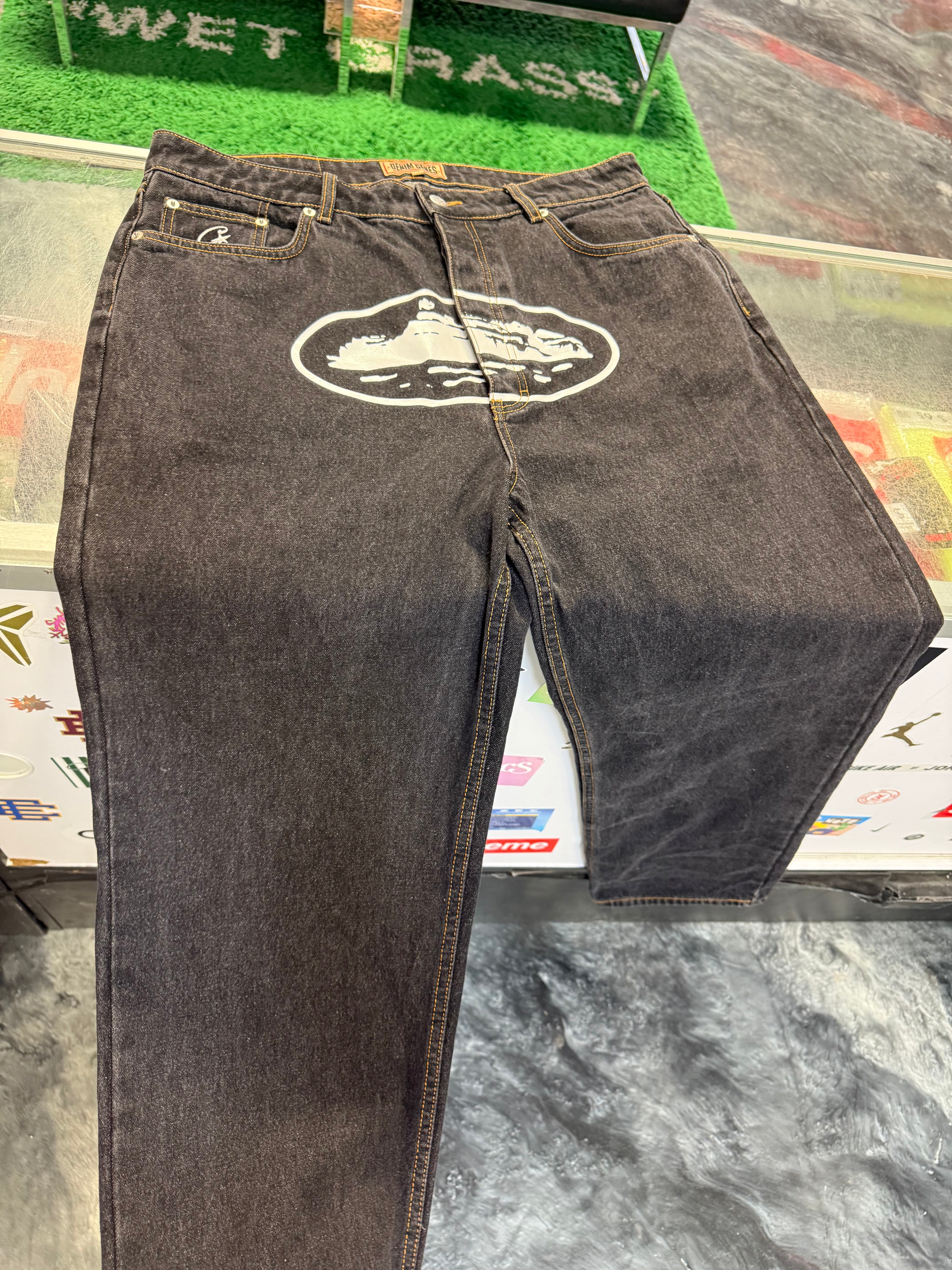 Size 36x38 Corteiz Alcatraz Logo Baggy Jeans “Black” Worn 1x