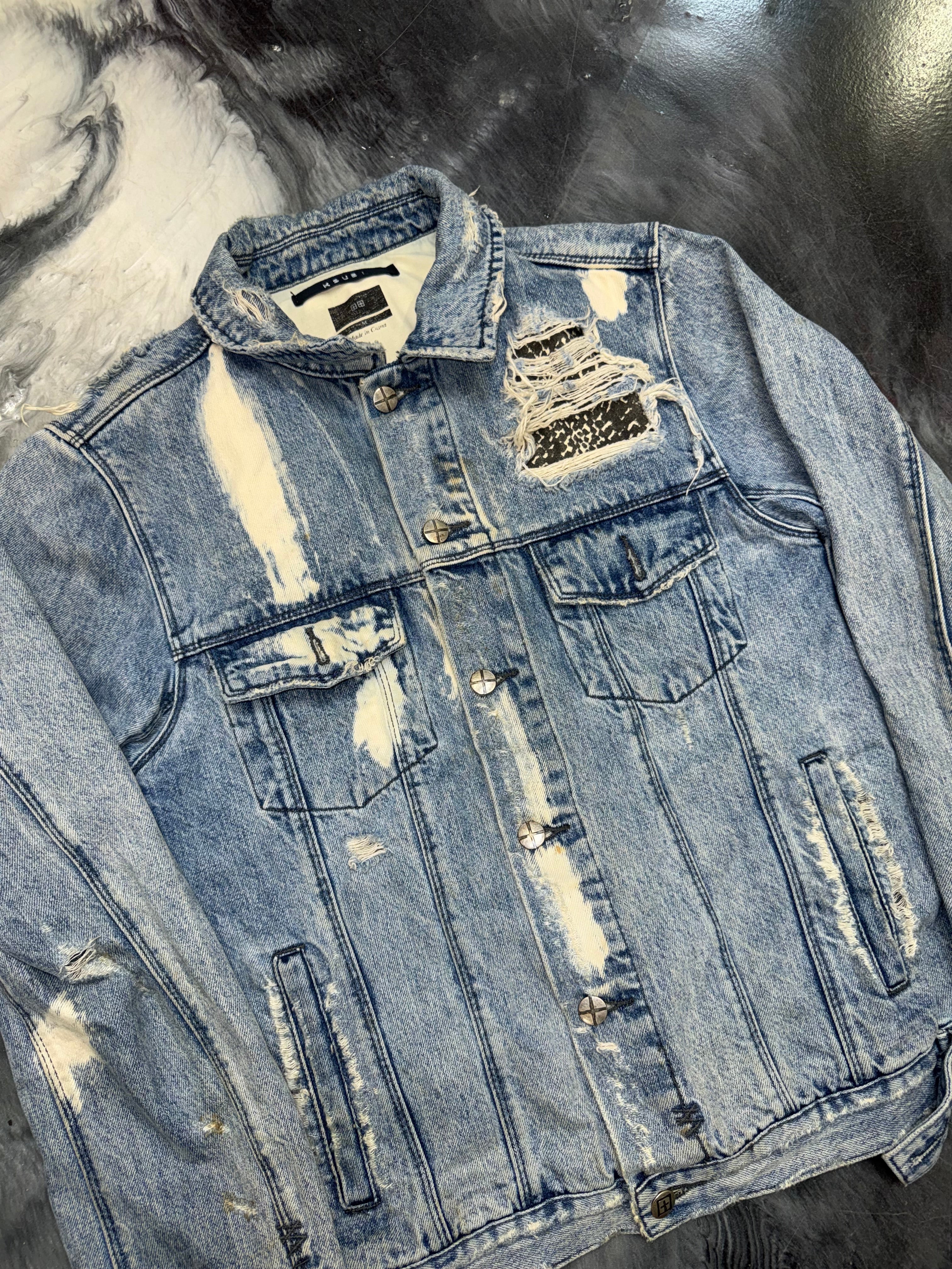 Size M Ksubi Distressed Denim Jacket “Bleached Light Denim”