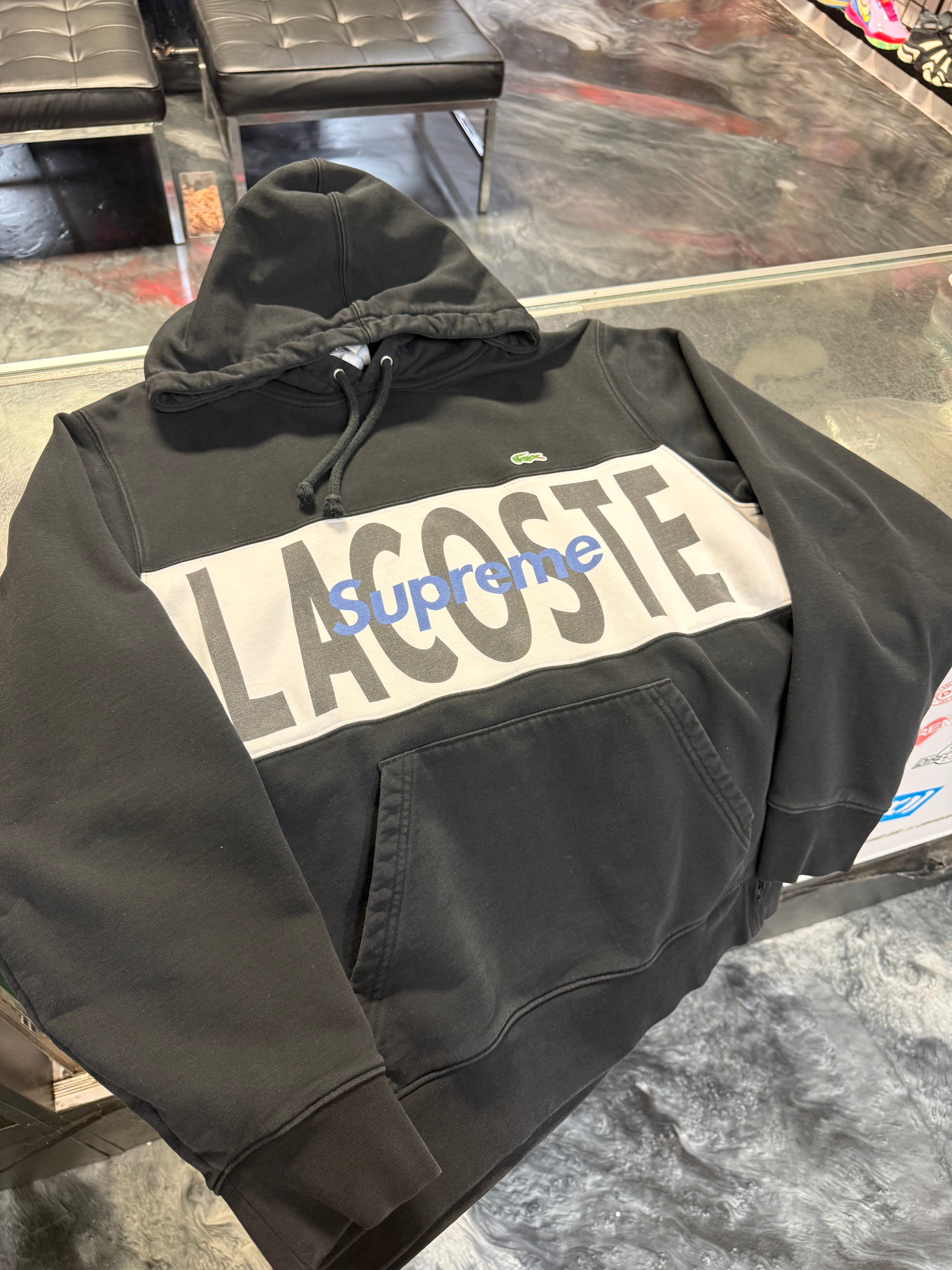 Size M Supreme Lacoste Chest Panel Hoodie “Black/Blue”