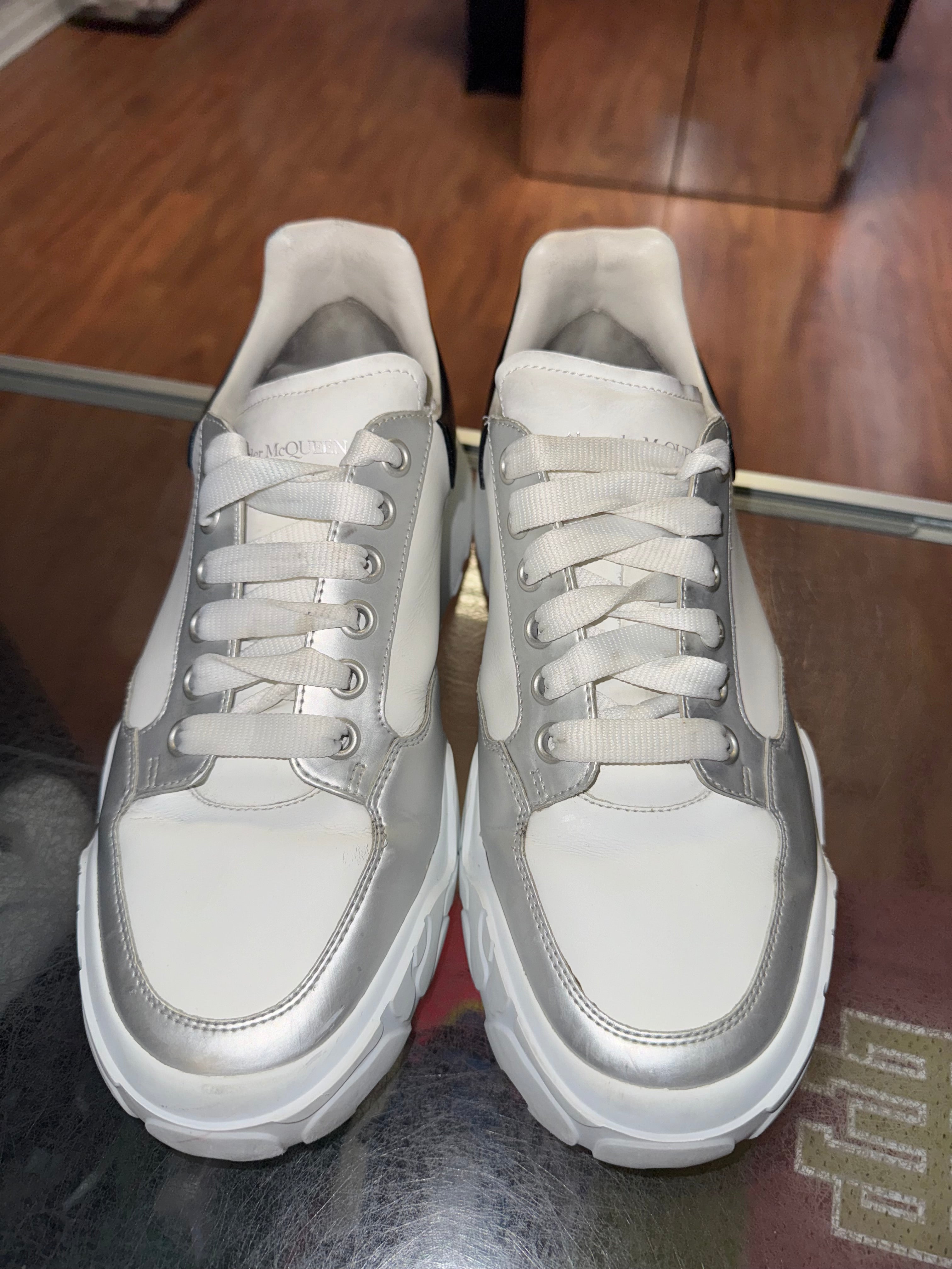 Size 10.5 (43.5 EU) Alexander McQueen Court Lace Up "White Silver"
