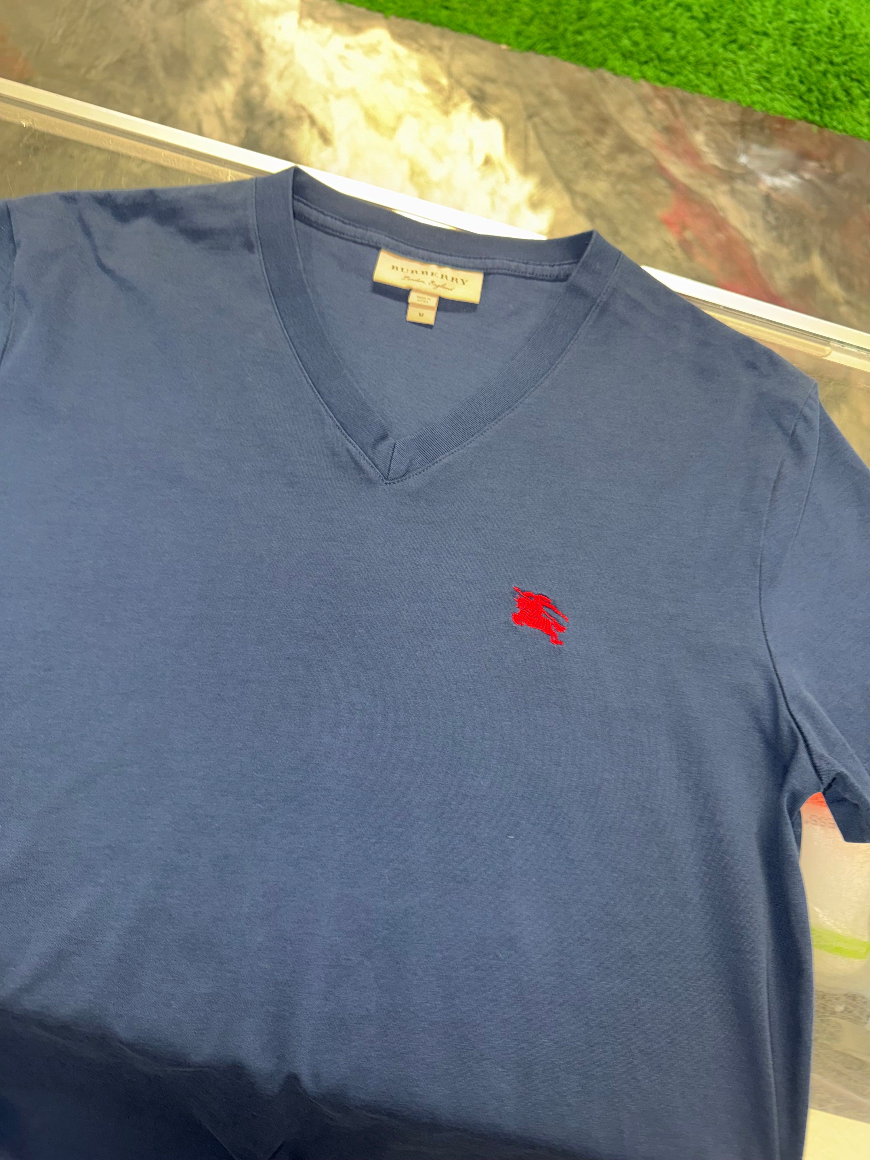 Size M Burberry Equestrian Motif V Neck Tee “Navy/Red” Worn 1x