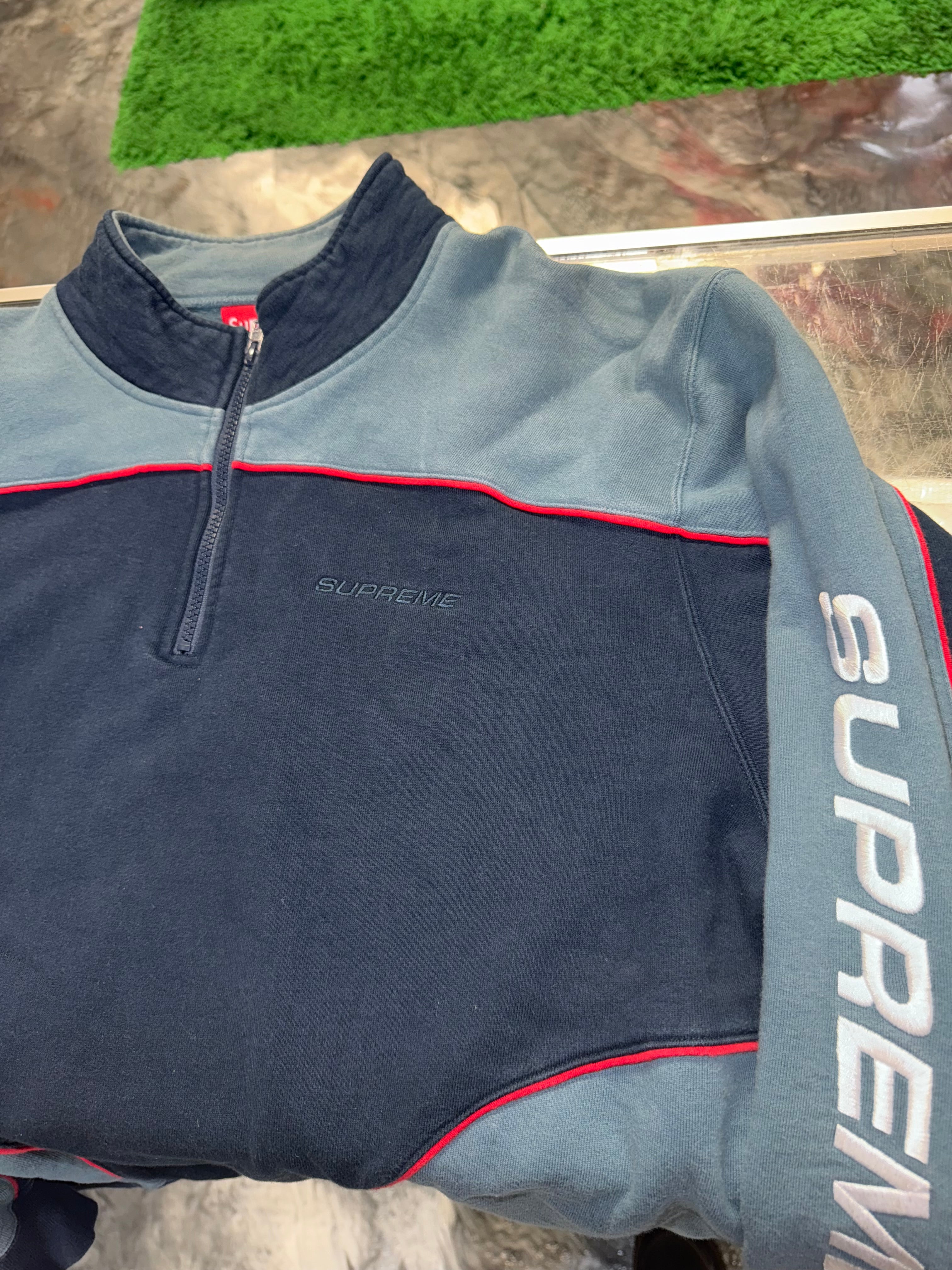 Size XL Supreme Speedway Half Zip Sweater “Navy/Teal”