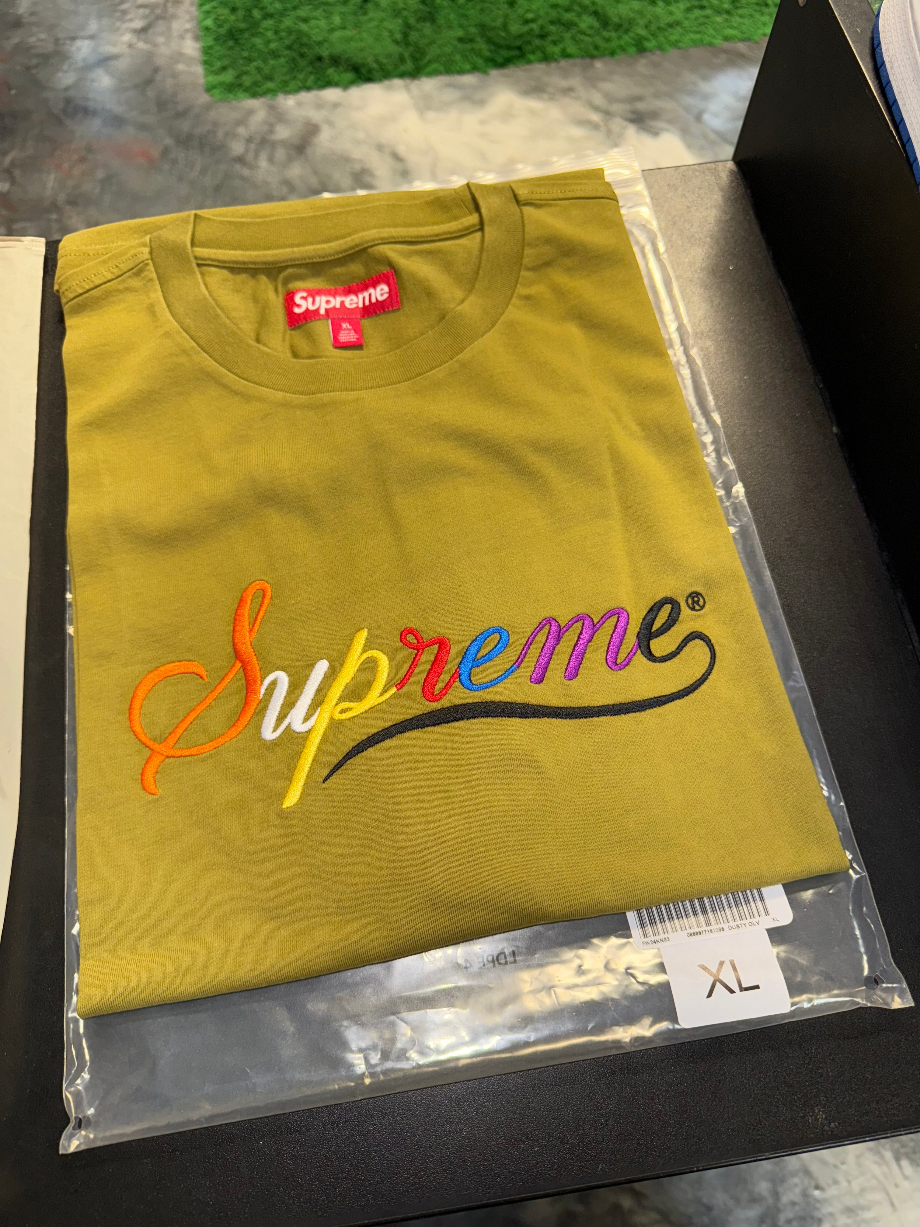 Size XL Supreme Cursive Tee “Olive” Brand New