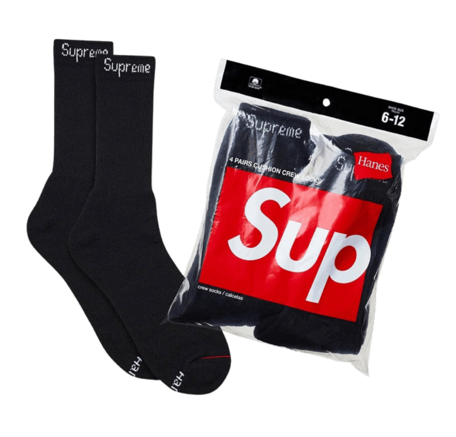 Size OS Supreme Hanes 4 Pack Socks “Black” Brand New