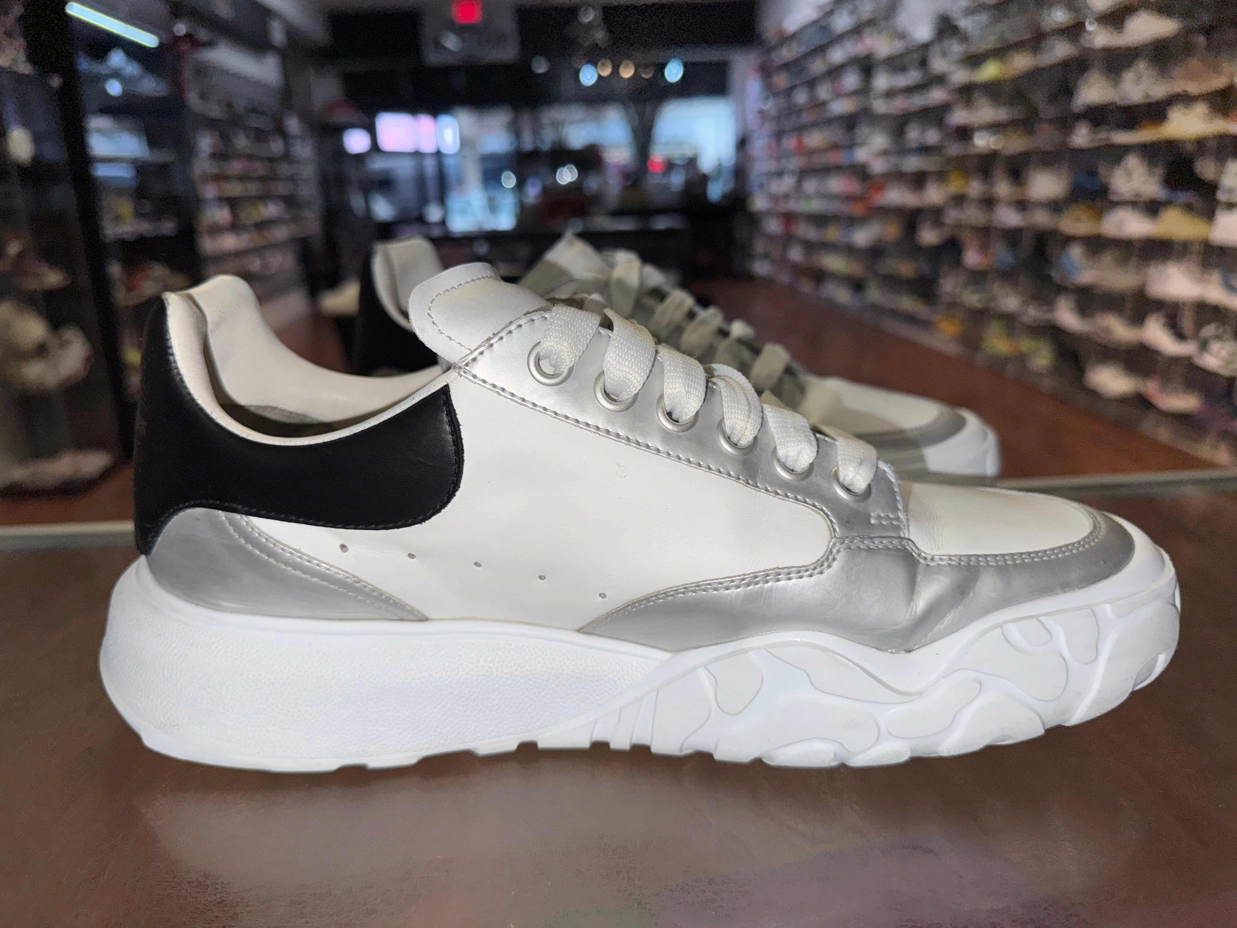 Size 10.5 (43.5 EU) Alexander McQueen Court Lace Up "White Silver"