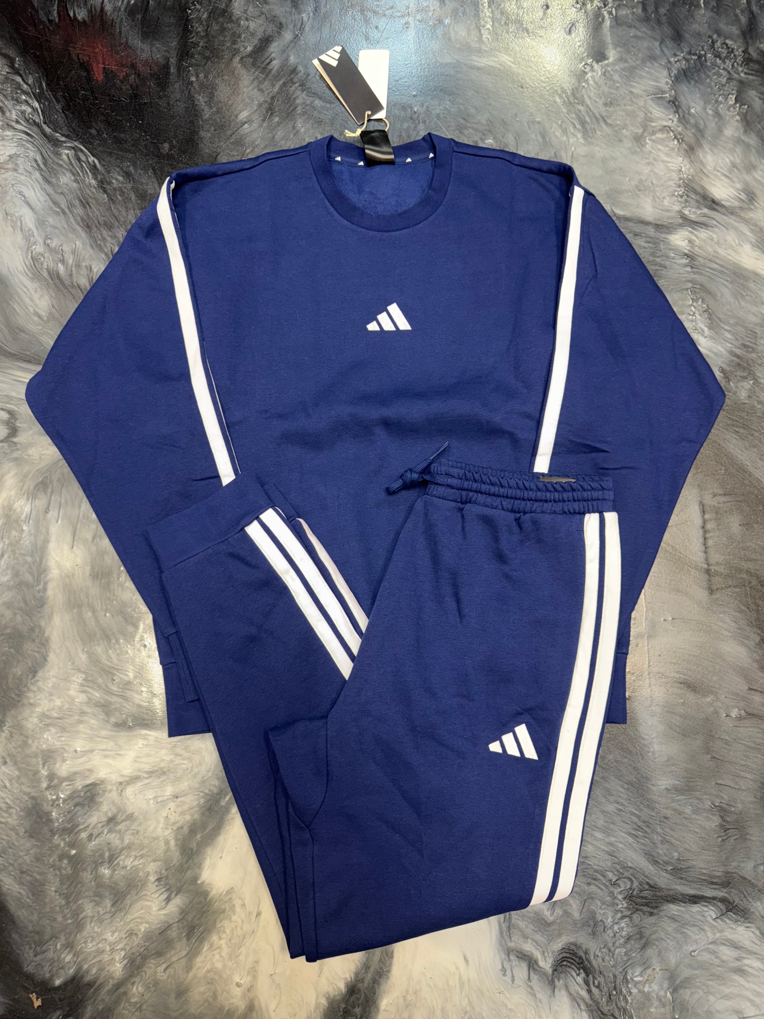 Size L Adidas 3S Crewneck + Pants Suit “Navy/White” Brand New
