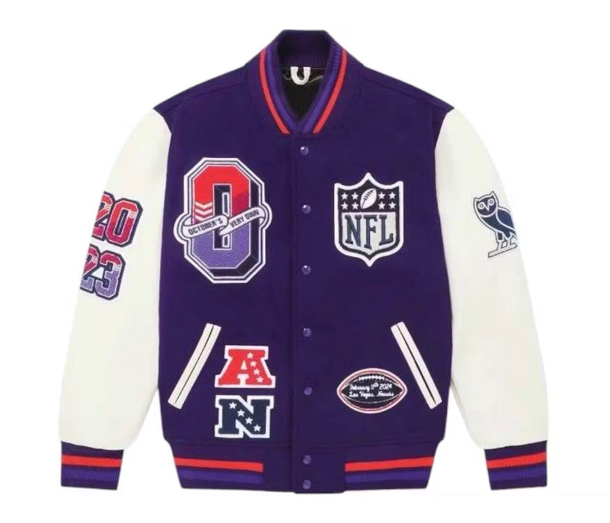 Size M OVO x NFL Superbowl LVII Varsity Jacket “Purple” Brand New (Retail $998)