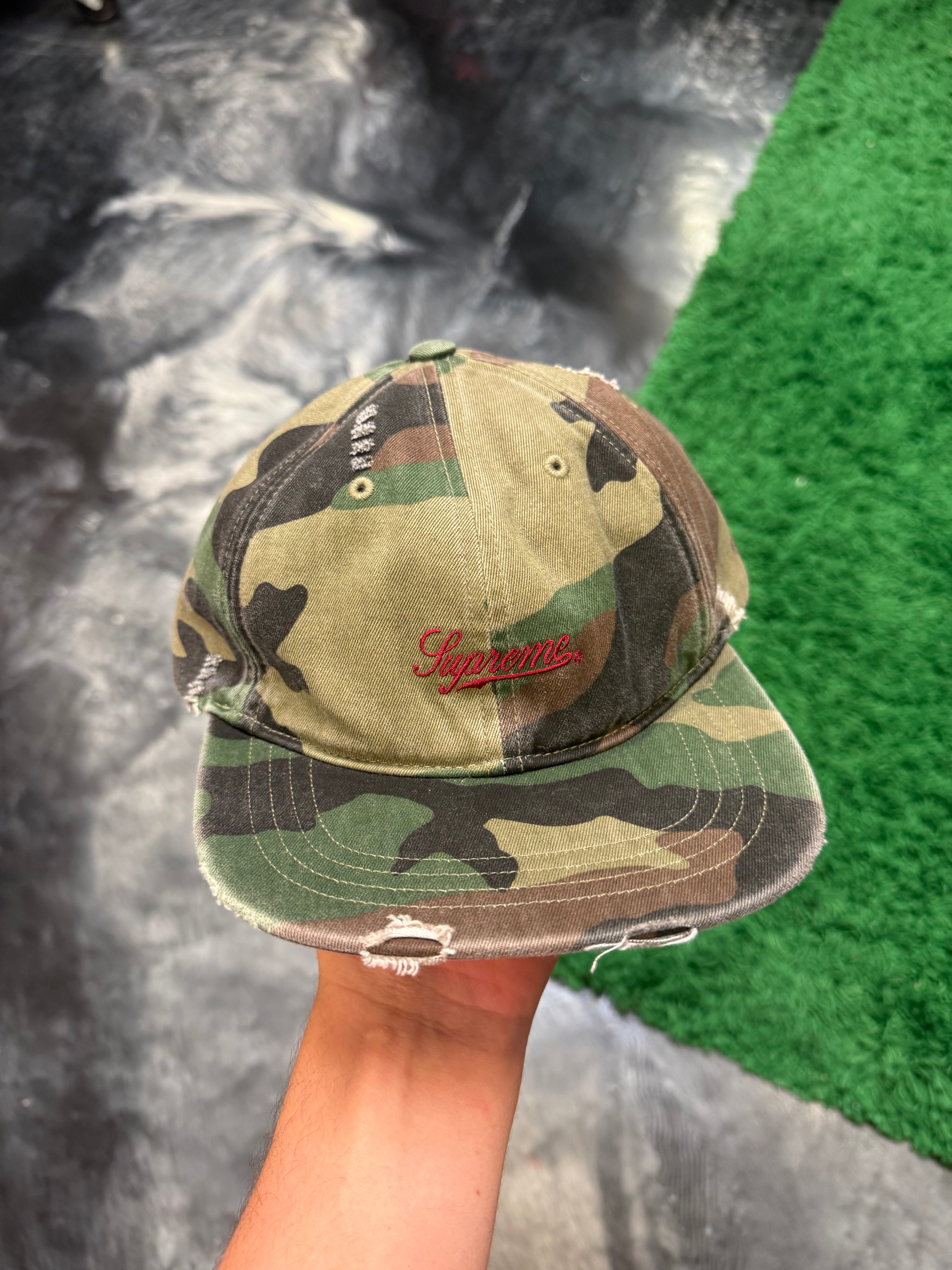Size OS Supreme Distressed Script 6 Panel Hat “Camo”