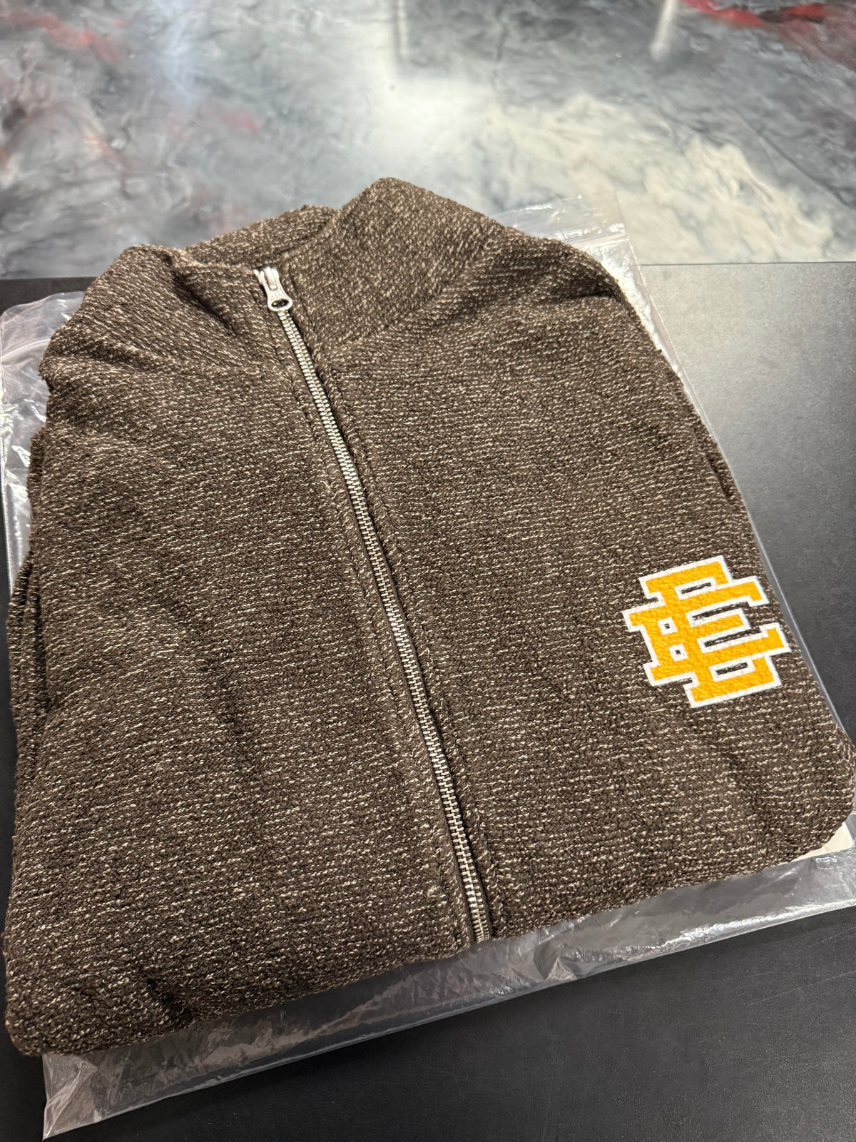 Size M Eric Emanuel EE Boucle Zip-Up “Brown/Yellow” Brand New
