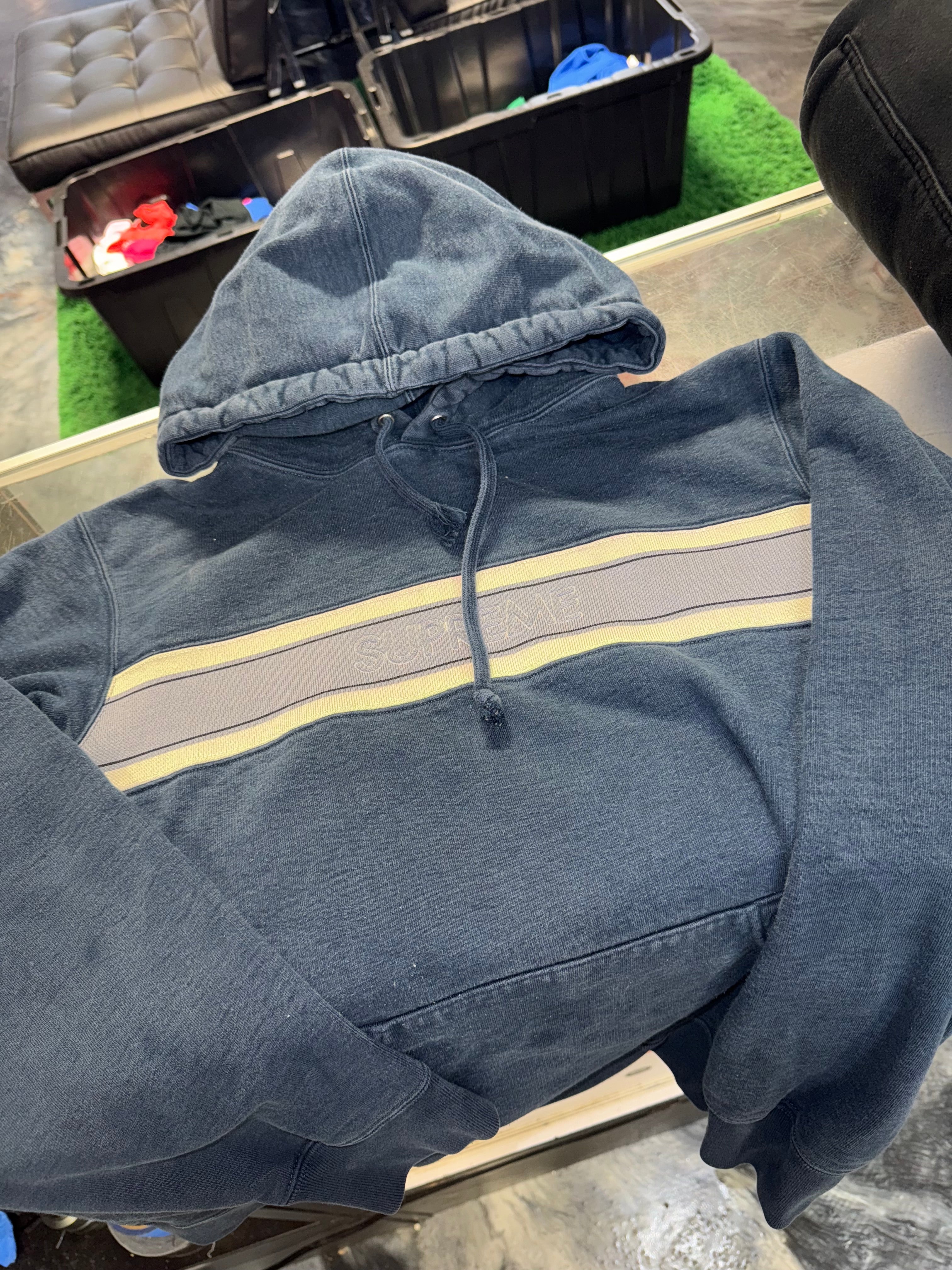 Size M Supreme Striped Logo Hoodie “Navy”