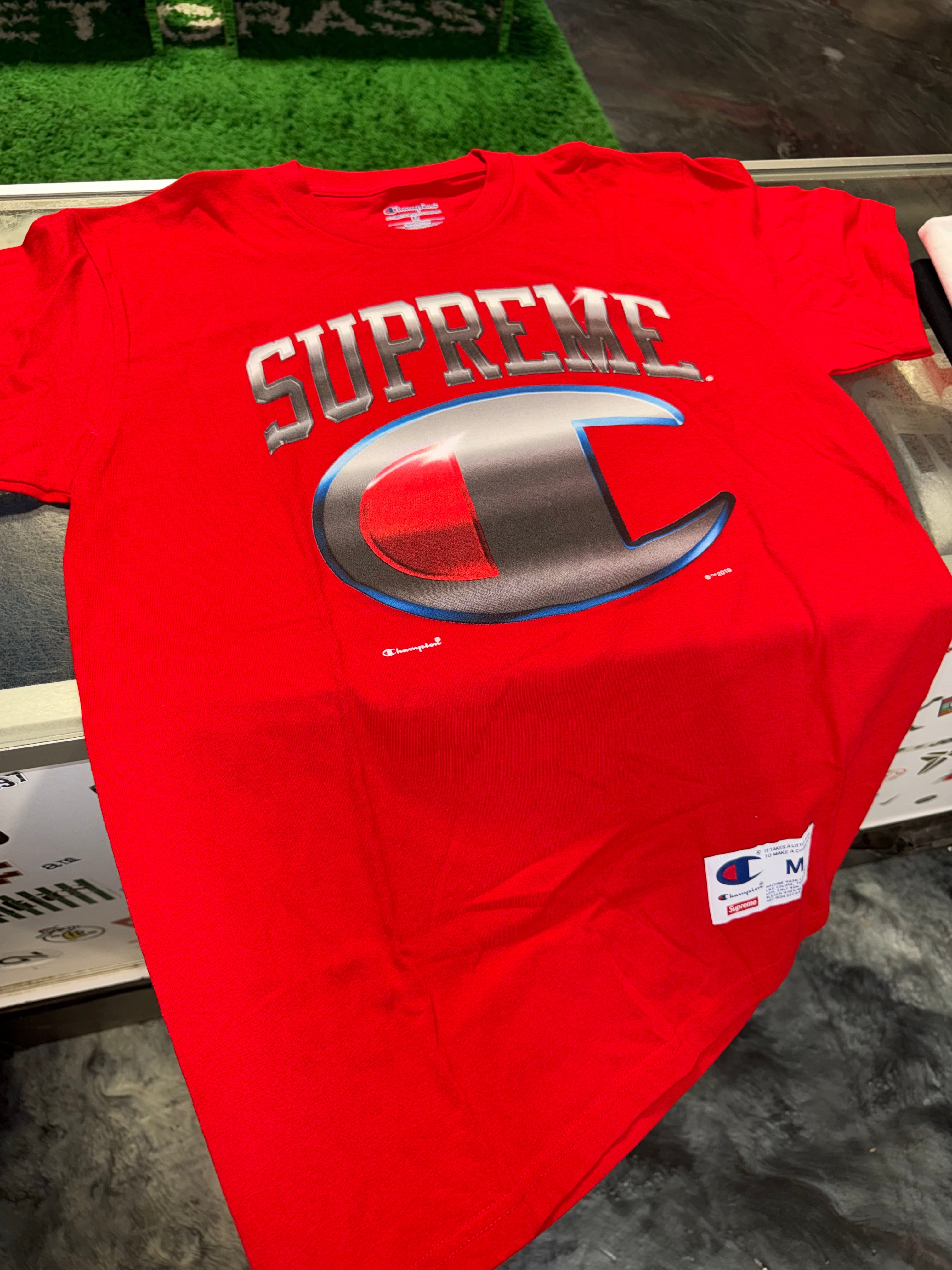 Size M Supreme x Champion Tee “Red” Worn 1x