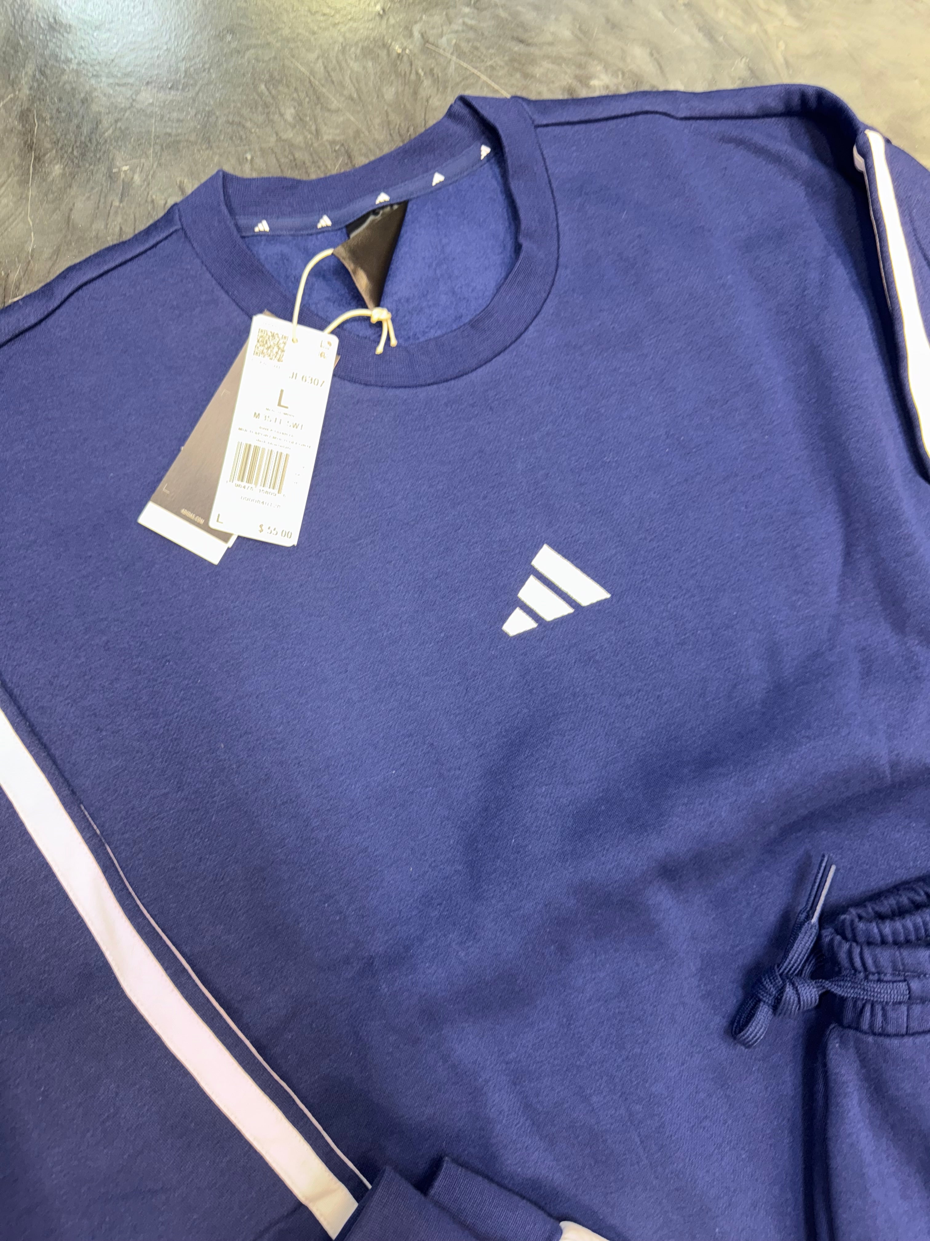 Size L Adidas 3S Crewneck + Pants Suit “Navy/White” Brand New