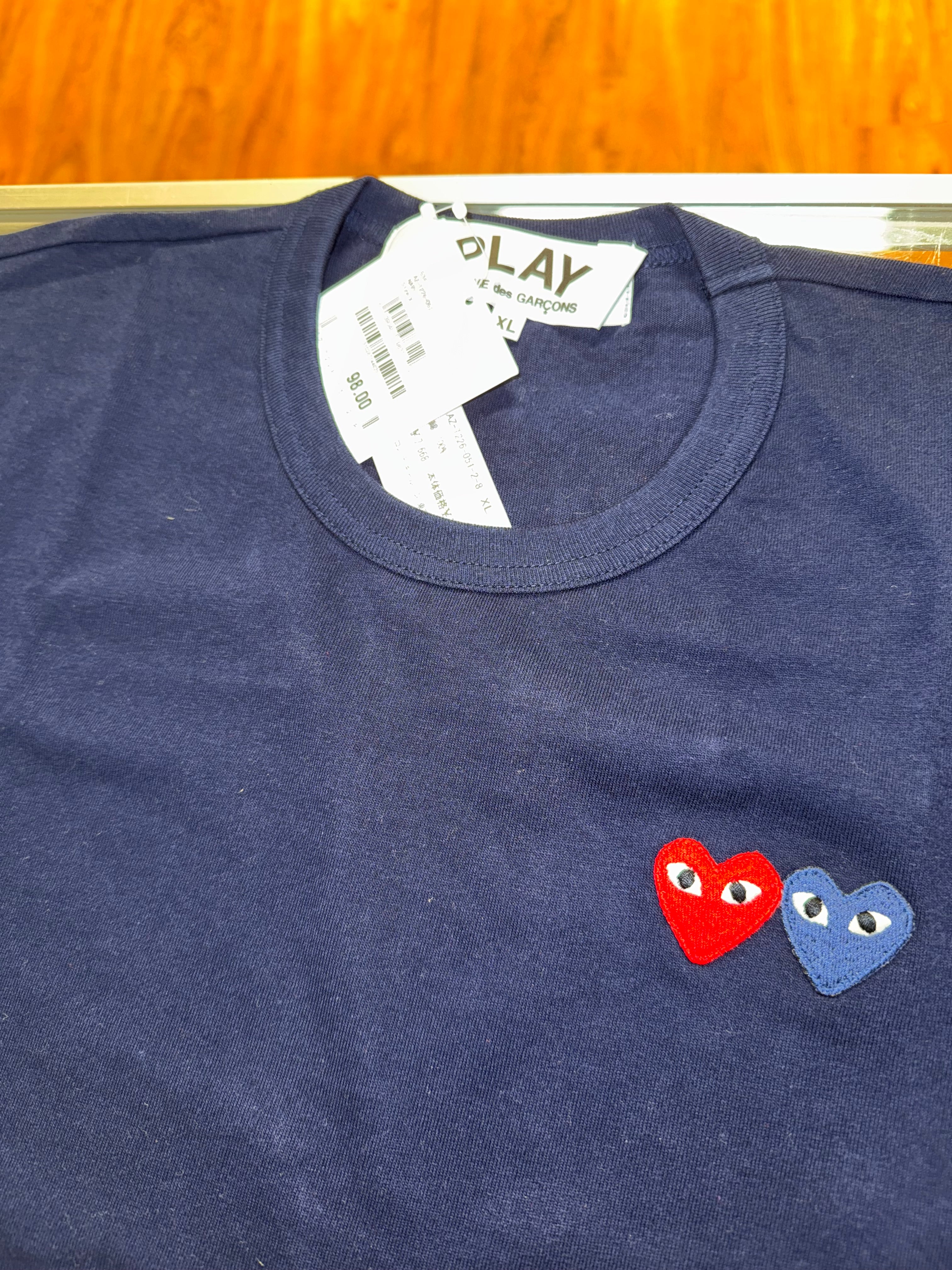Size M (XL EU) CDG Double Heart Tee “Navy” Brand New