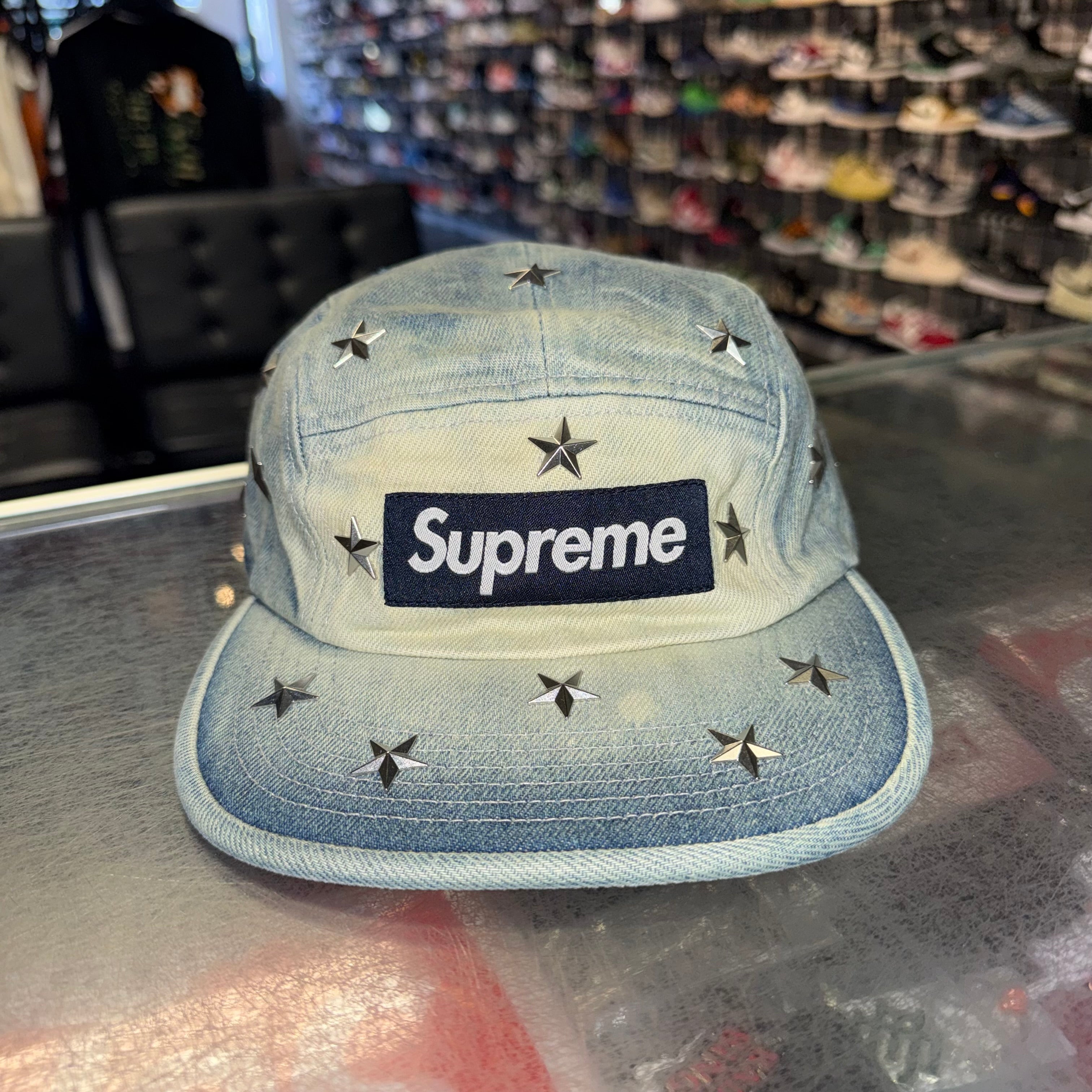 Size OS Supreme Star Studded Denim Camp Hat “Washed Indigo”