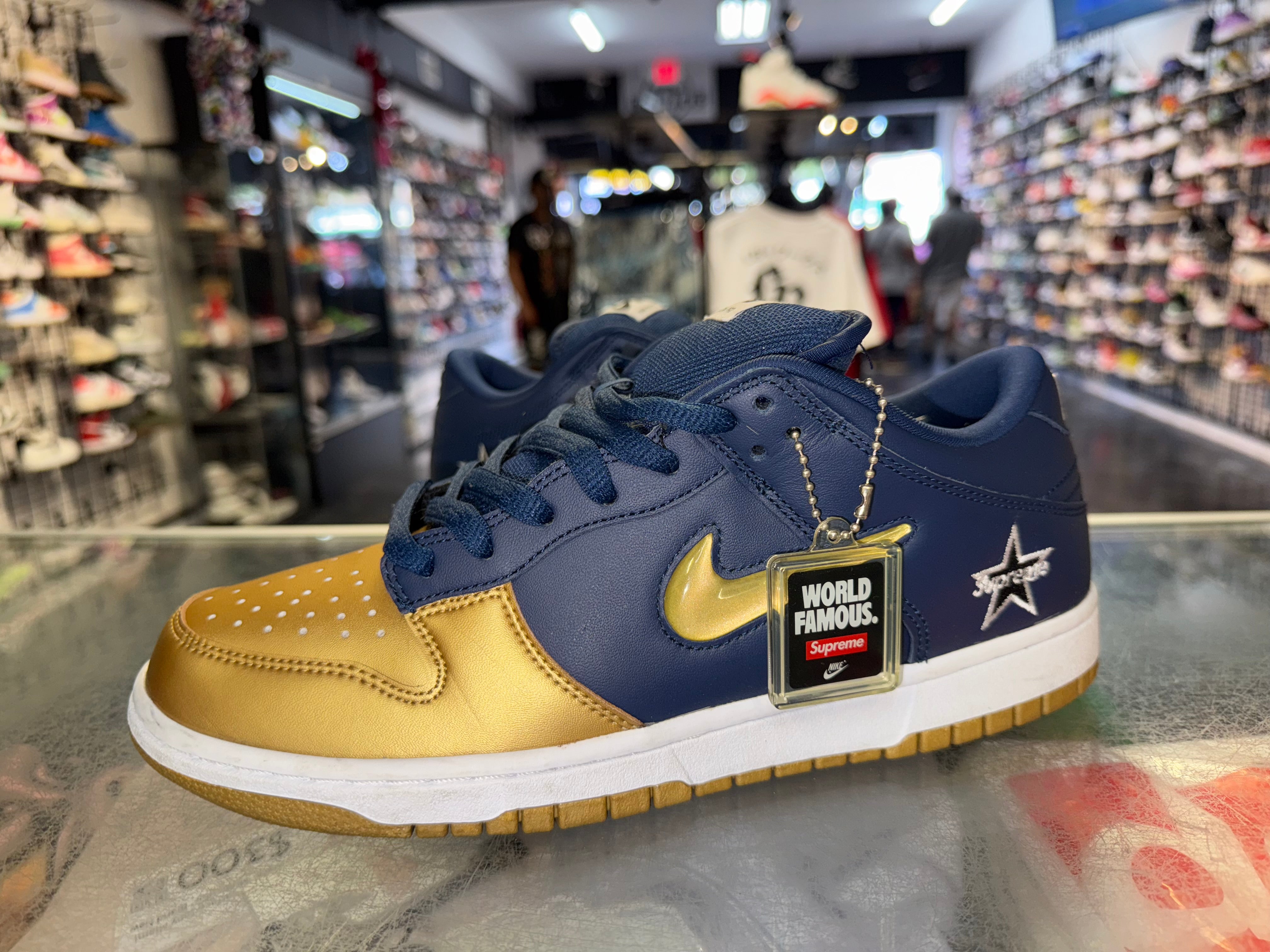 Size 9.5 Dunk Low SB Supreme "Jewel Swoosh Gold"