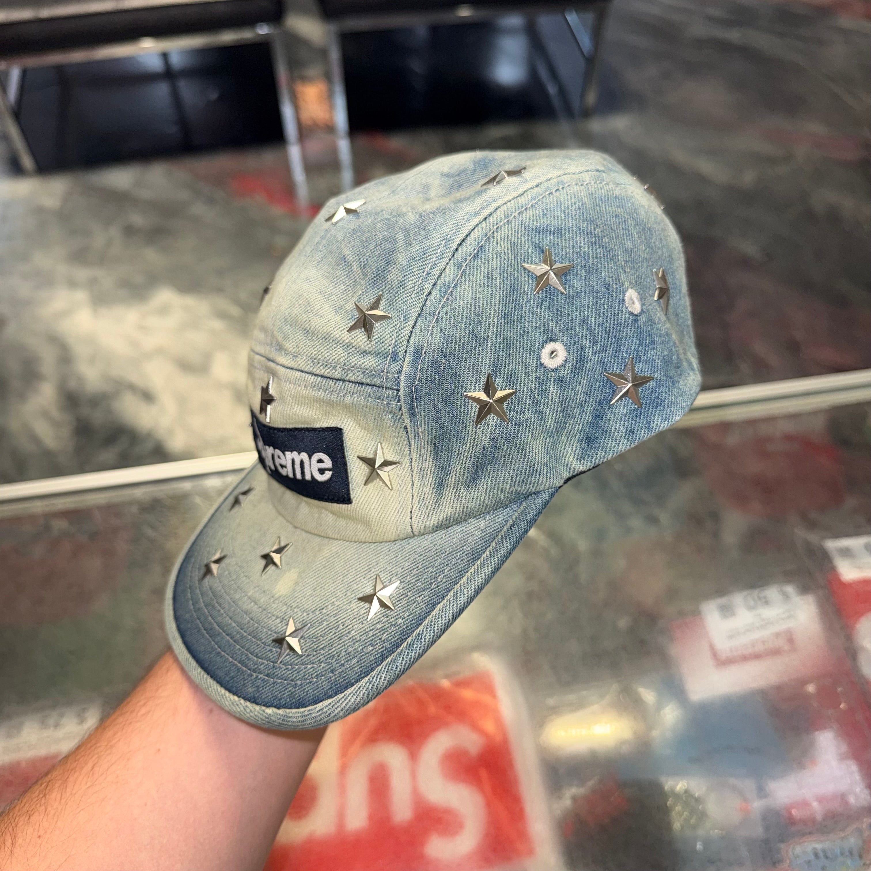 Size OS Supreme Star Studded Denim Camp Hat “Washed Indigo