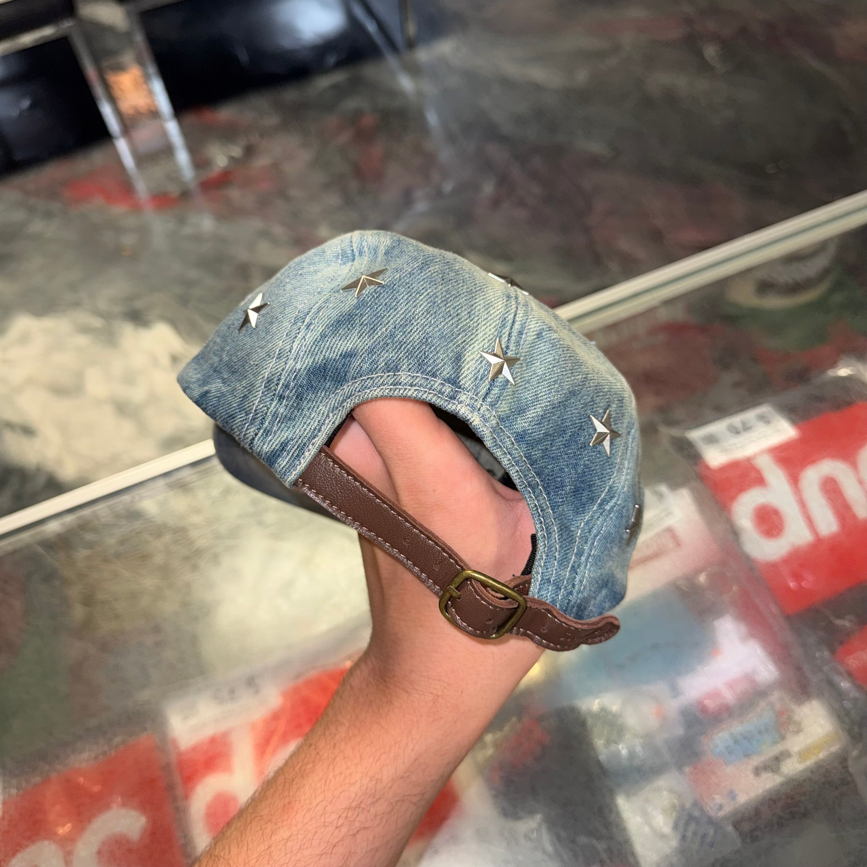 Size OS Supreme Star Studded Denim Camp Hat “Washed Indigo”