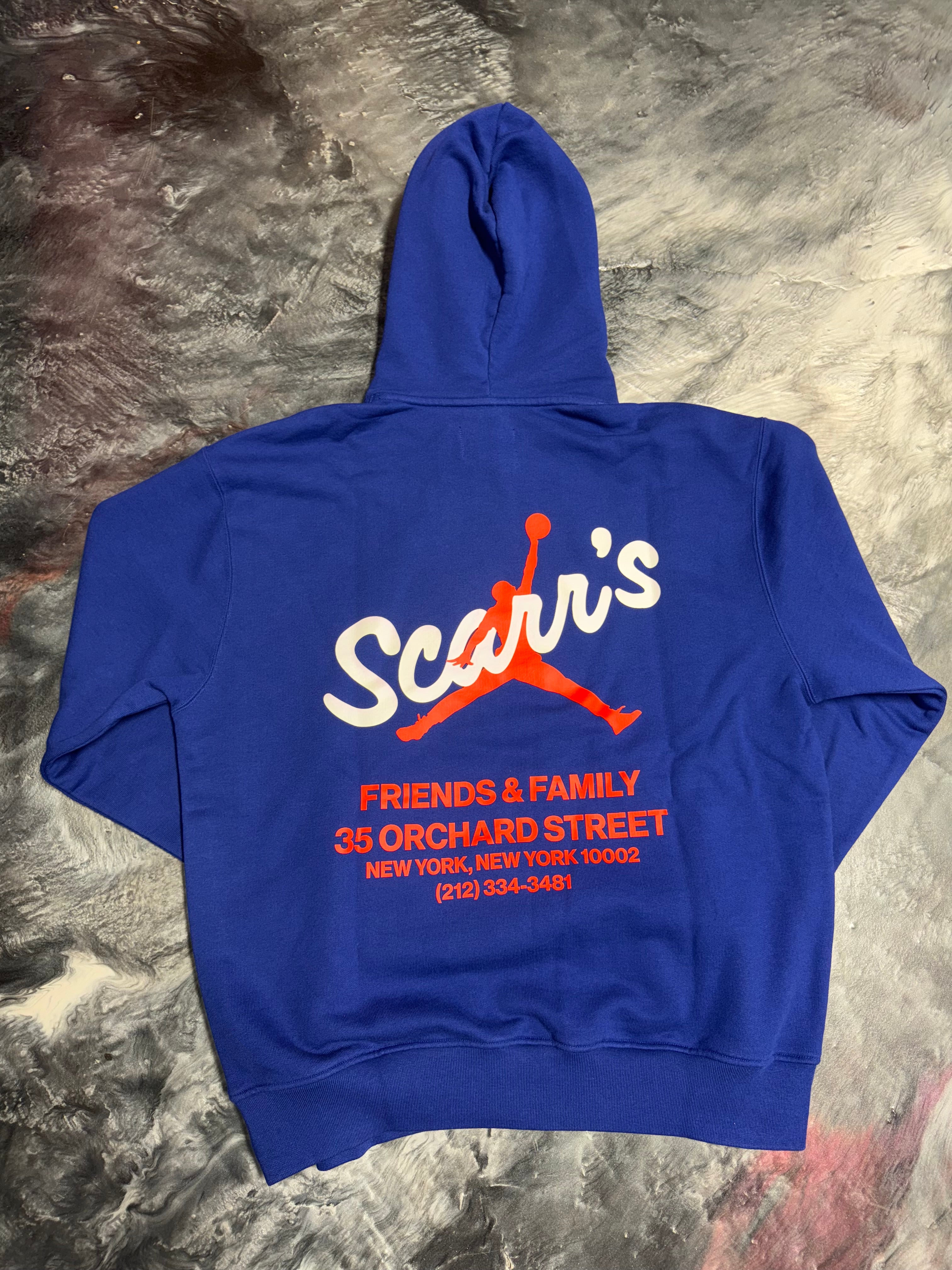 Size L Jordan x Scarr’s Pizza Friends & Family Hoodie “Blue” Brand New