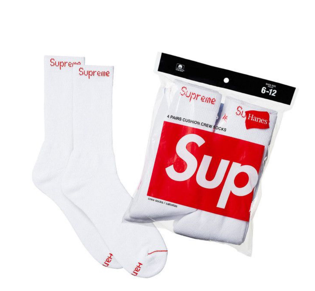 Size OS Supreme Hanes 4 Pack Socks “White” Brand New